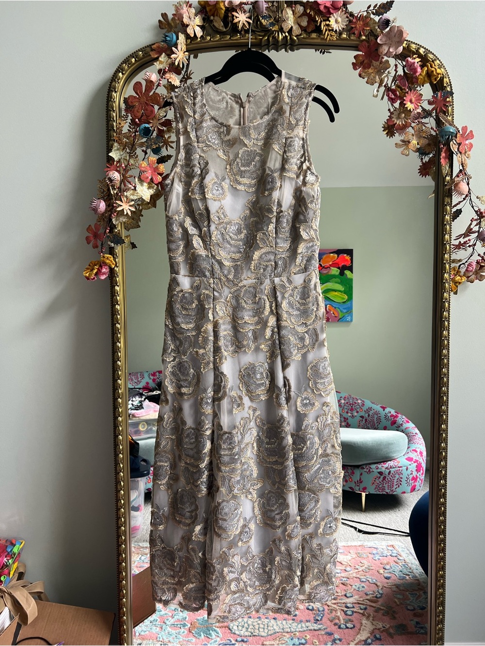Sleeveless Midi Dress with Silver and Gold Floral Embroidery